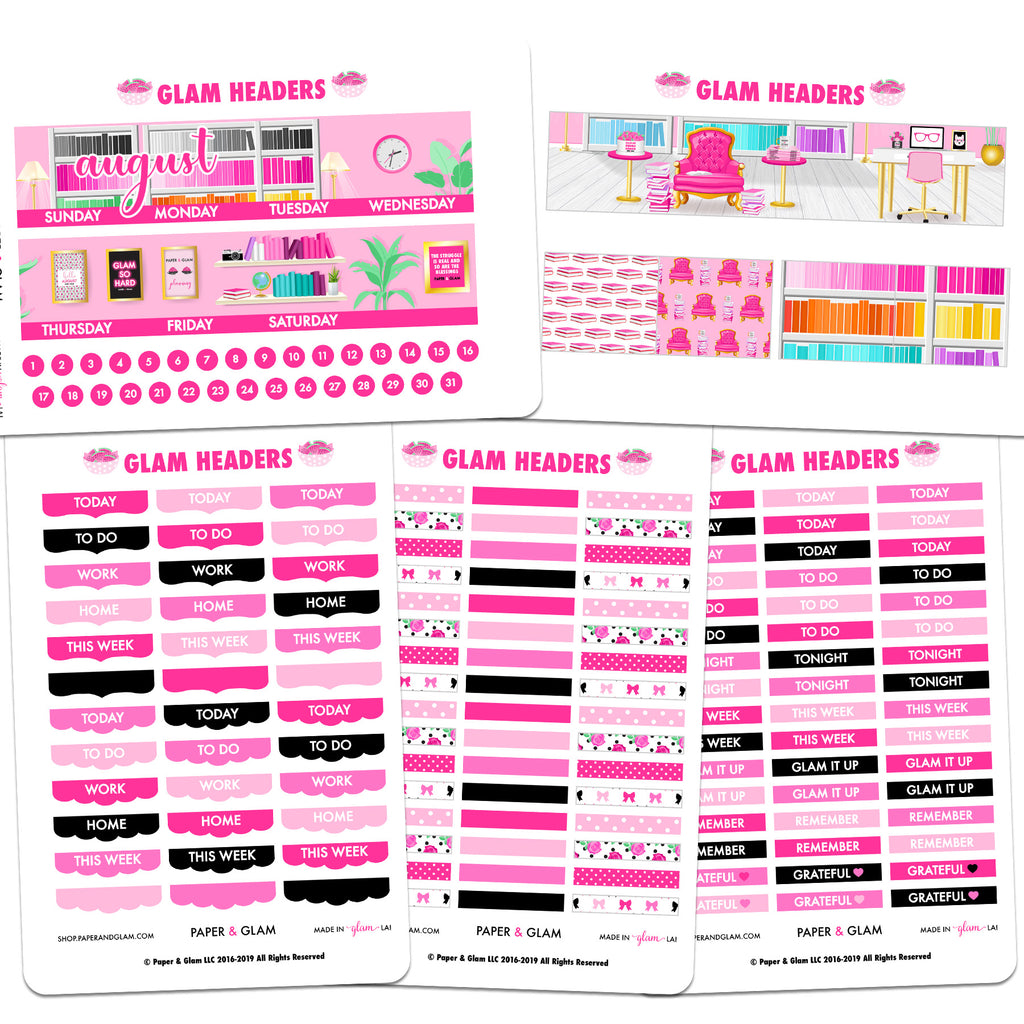 Glam August Headers Digital Planner Stickers - Paper & Glam