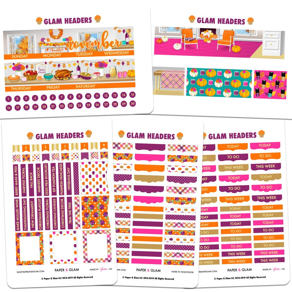 Gold Foil Glam November Headers Planner Stickers - Paper & Glam